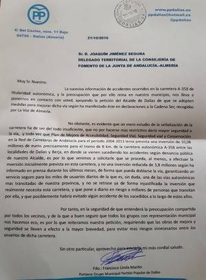 El PP pide más seguridad en la carretera que une Dalías con Berja