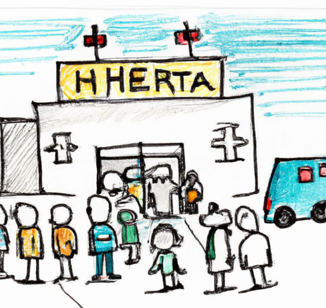 dibuja un hospital y personas haciendo fila para entrar en él