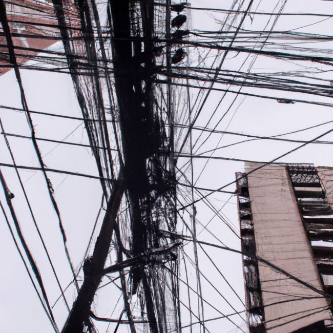 Cables que cruzan de un edificio a otro y hacen una visión fea de la ciudad y de las calles y sus edificios