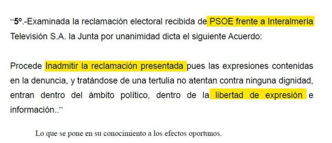 El PSOE recurre a la Junta Electoral Central por un programa de Interalmería Televisión