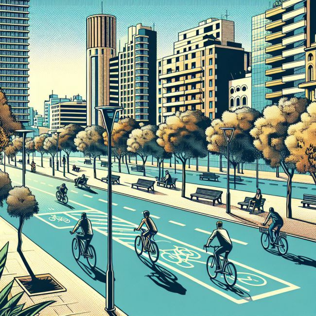 **imagen con estilo de comic clasico a color** de una escena urbana en Almería, donde se ven ciclistas disfrutando de un carril bici rodeado de árboles y edificios modernos, con un cielo azul brillante.