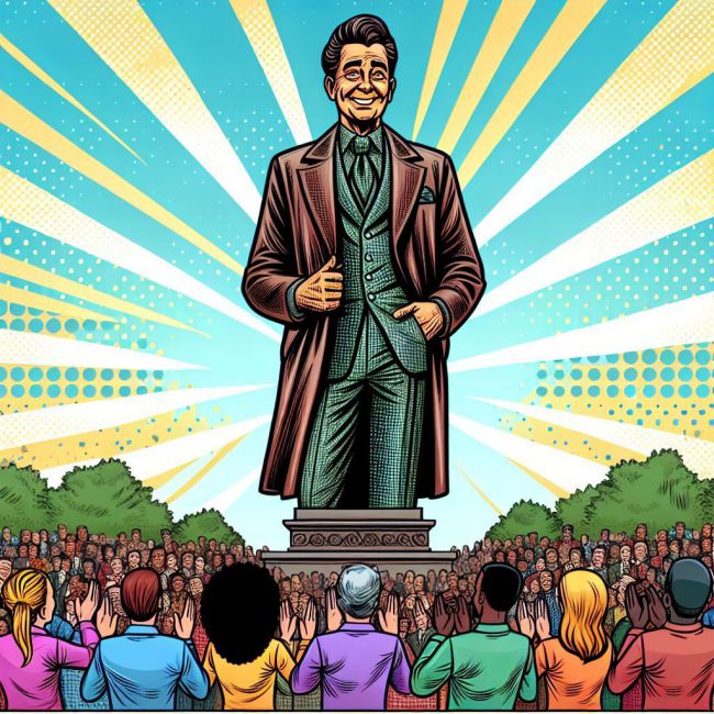 imagen con estilo de comic clasico a color de una escultura gigantesca de un líder político guapo vestido con traje y sonriente, y el pueblo expresando su admiración aplaudiendo