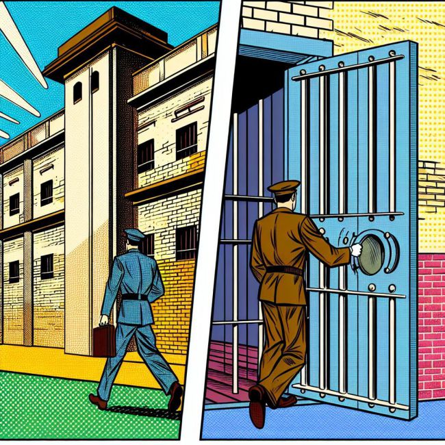 imagen con estilo de comic clasico a color de una prisión con la puerta abierta