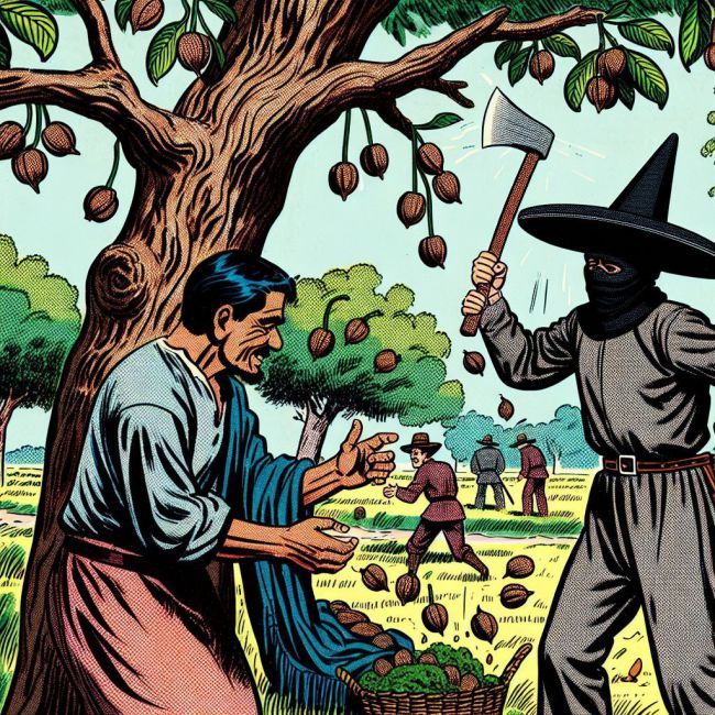 Un hombre de pueblo, con capucha negra como de un verdugo, golpea un árbol para qeu caigan nueces, estilo de comic clasico a color