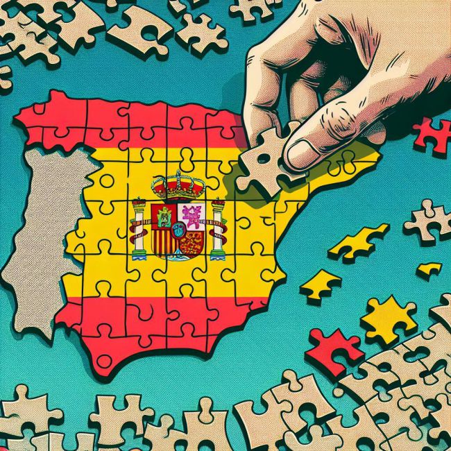 imagen con estilo de comic clasico a color de un mapa de españa como un puzle en el que una mano pone las piezas