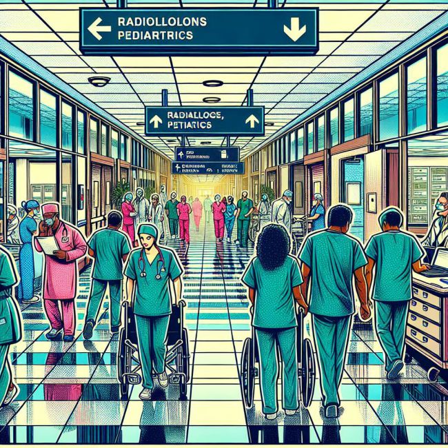 imagen con estilo de comic clasico a color del pasillo de un hospital con habitaciones a los lados y personal sanitario transitando por él