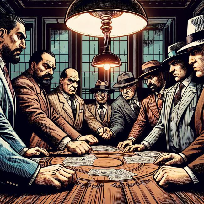 Mafiosos haciendo un pacto, estilo de comic clasico a color