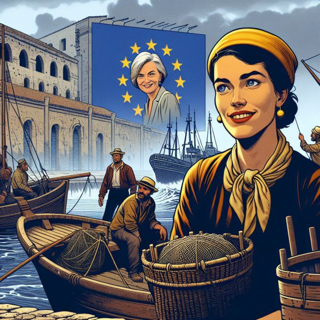 **Pescadores almerienses en un puerto desolado, con redes vacías y rostros de preocupación, mientras una eurodiputada sonríe en una pantalla gigante. Estilo realista, colores sombríos.** Imagen con estilo de comic clasico a color