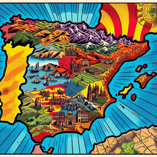 imagen con estilo de comic clasico a color del mapa de España, en el que la parte sur, lo que correspondería a Andalucía, se ha desprendido o separado 