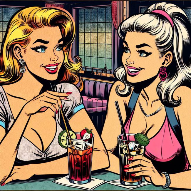 un par de chicas jóvenes atractivas, una rubia y otra morena, sentadas a la mesa de un bar tomando un refresco, divertidas. Imagen con estilo de comic clasico a color