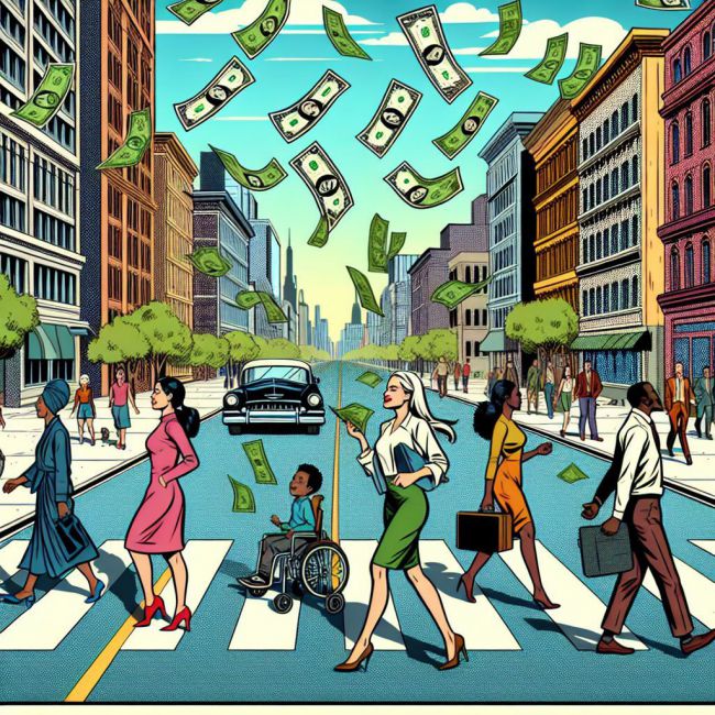 **imagen con estilo de comic clasico a color** de un boulevard de una ciudad sobre el que llueven billetes de dinero mientras la gente pasea sobre él paseo