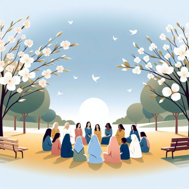 **Una escena serena en un parque, donde un grupo de mujeres se reúne para compartir historias, con árboles en flor y un cielo azul claro, simbolizando esperanza y unidad.** Estilo minimalista