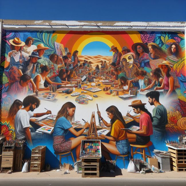 Un vibrante mural en Almería que representa a jóvenes artistas occidentales creando en un taller, con colores brillantes y elementos de la cultura local, bajo un cielo azul despejado.