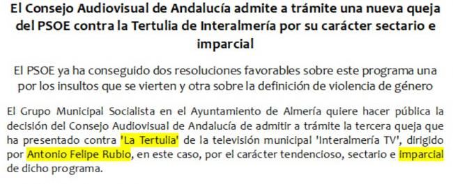 El PSOE critica la 'imparcialidad' del moderador de 'La Tertulia'