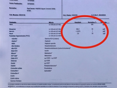 Detectan en el agua de Albox niveles de manganeso 10 veces por encima de lo legal