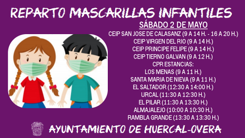 Huércal Overa repartirá 3.000 mascarillas a niños de 3 a 14 años