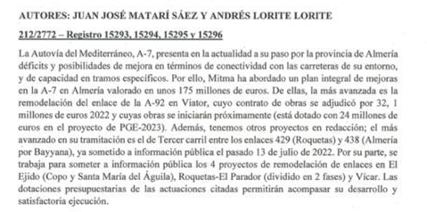 El tercer carril de la A-7 y los enlaces de Roquetas y El Ejido no comenzarán en 2023