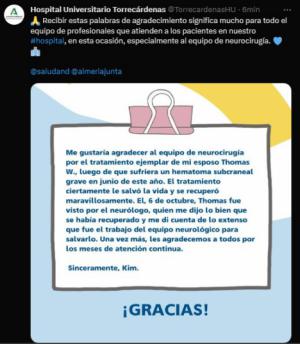 Gratitud que ha emocionado al personal del Hospital Torrecárdenas