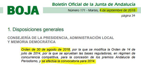 La Junta convoca en agosto de 2018 un premio para 2014