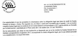 La Cámara de Cuentas advierte al Ayuntamiento de Dalías que es una infracción muy grave no presentar sus cuentas