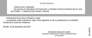 Sánchez Haro deja a Almería sin Laboratorio de Sanidad Animal