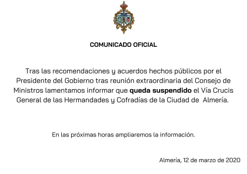 Suspendido el Via Crucis General de Hermandades y Cofradías del viernes por coronavirus