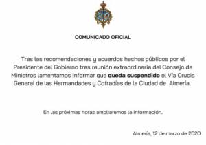 Suspendido el Via Crucis General de Hermandades y Cofradías del viernes por coronavirus