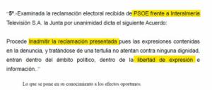 La Junta Electoral rechaza una denuncia del PSOE contra La Tertulia