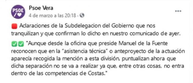 El PSOE reconoce su error al criticar la regeneración de la playa de Vera