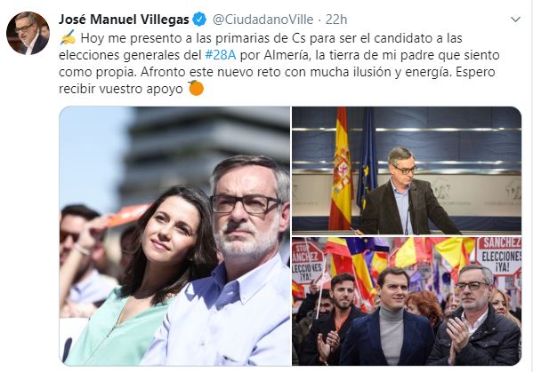 Villegas anuncia en Twitter su candidatura a las primarias de Almería